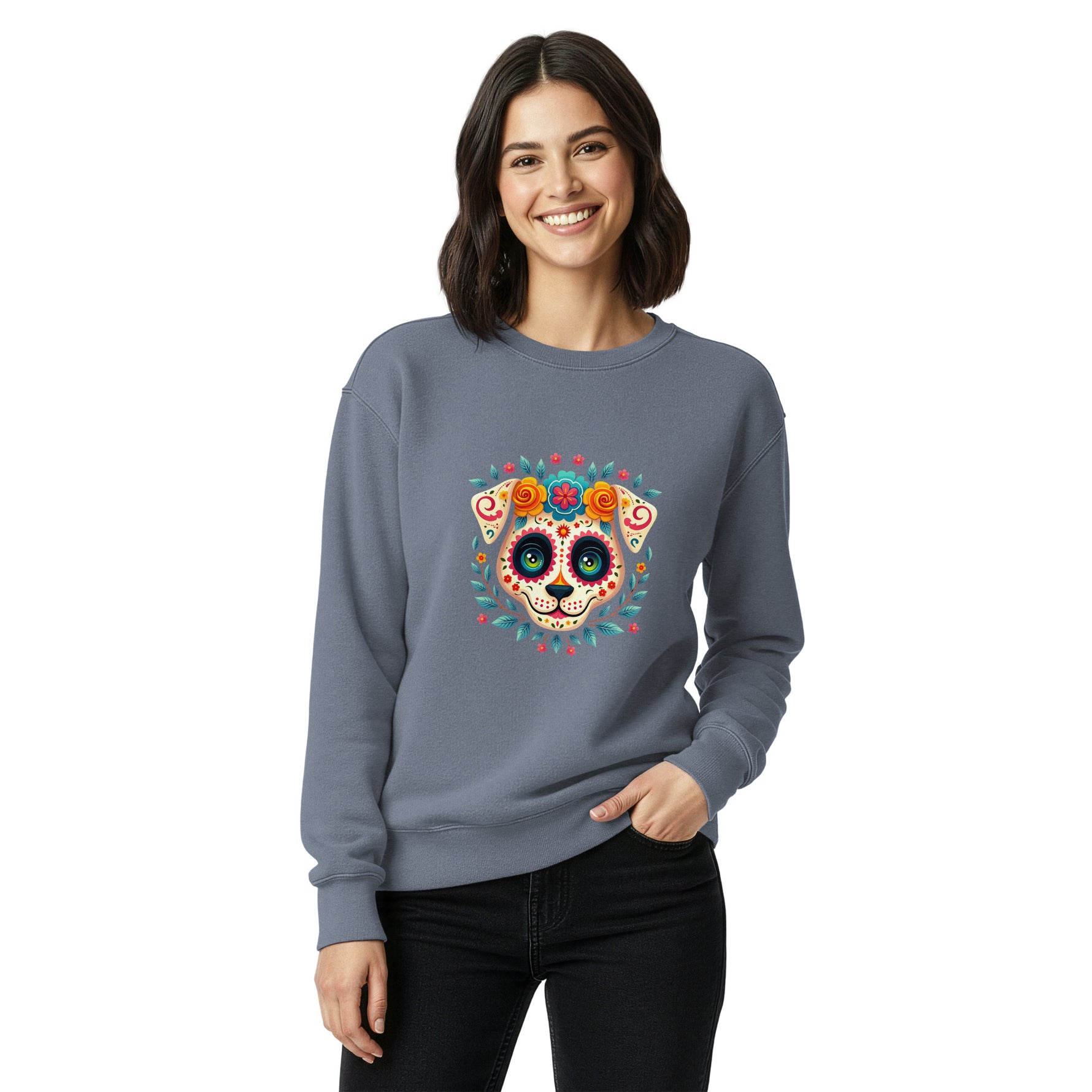 Woman wearing a Comfort Colors gray sweatshirt with a colorful skull design on a white background