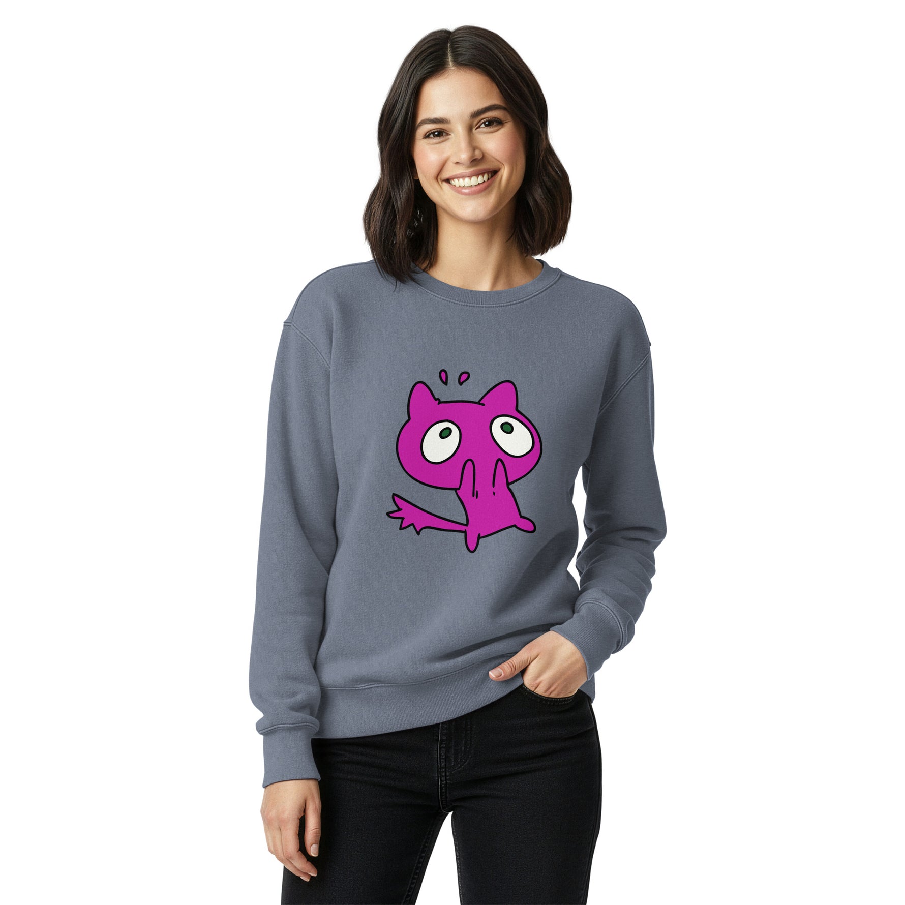Woman wearing a gray sweatshirt with a pink cartoon character on a white background