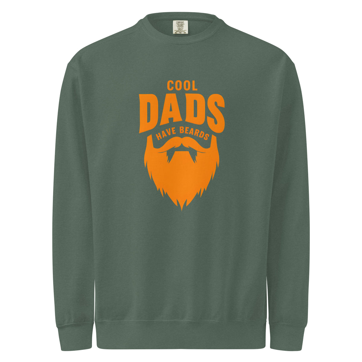 Green mens sweatshirt with orange 'Cool Dads Have Beards' graphic on a white background