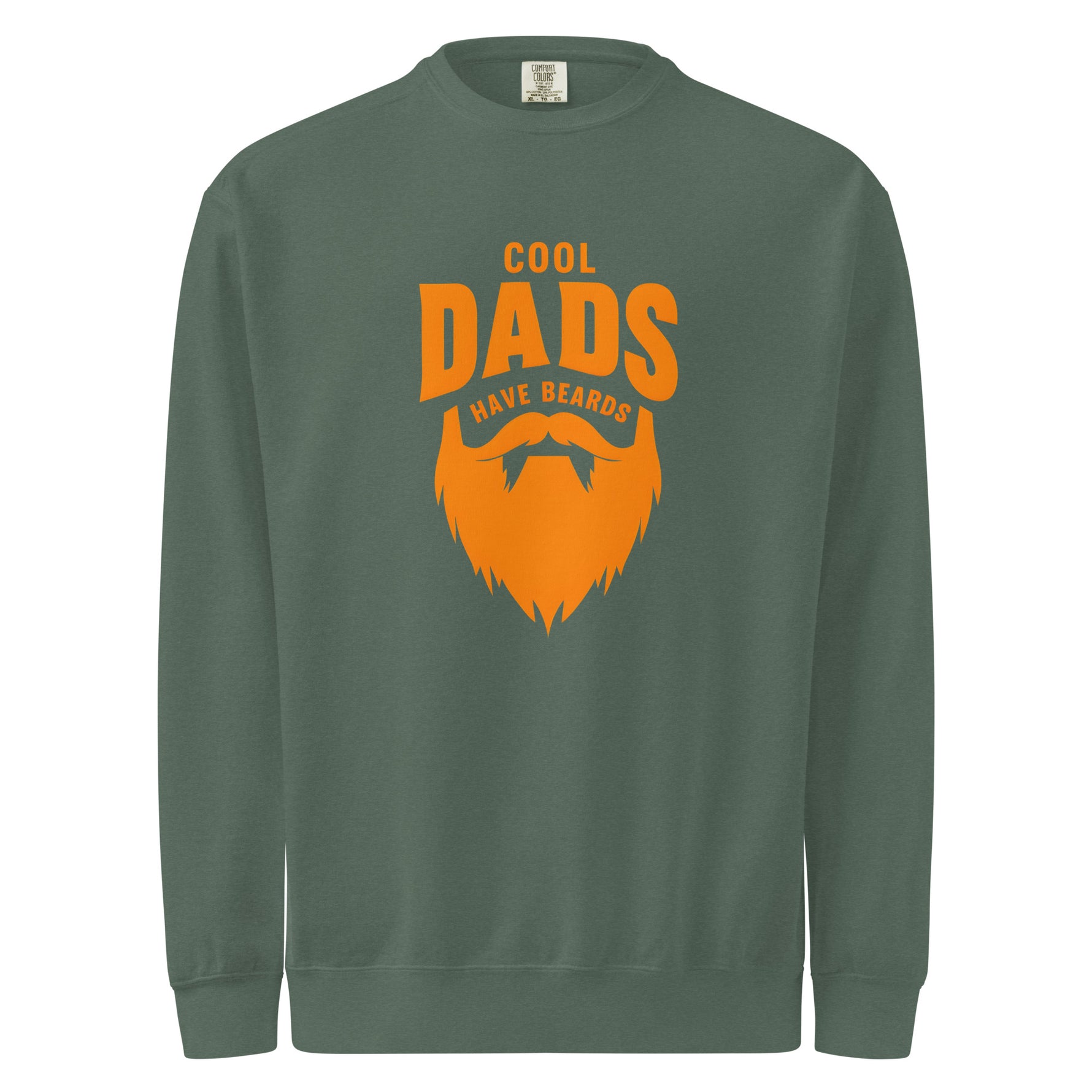 Green mens sweatshirt with orange 'Cool Dads Have Beards' graphic on a white background