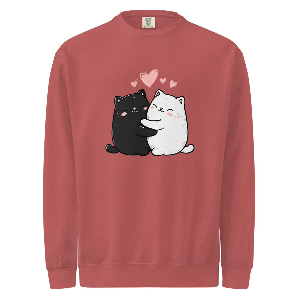 Women's red sweatshirt with black and white cat design and hearts on a white background