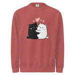 Women's red sweatshirt with black and white cat design and hearts on a white background