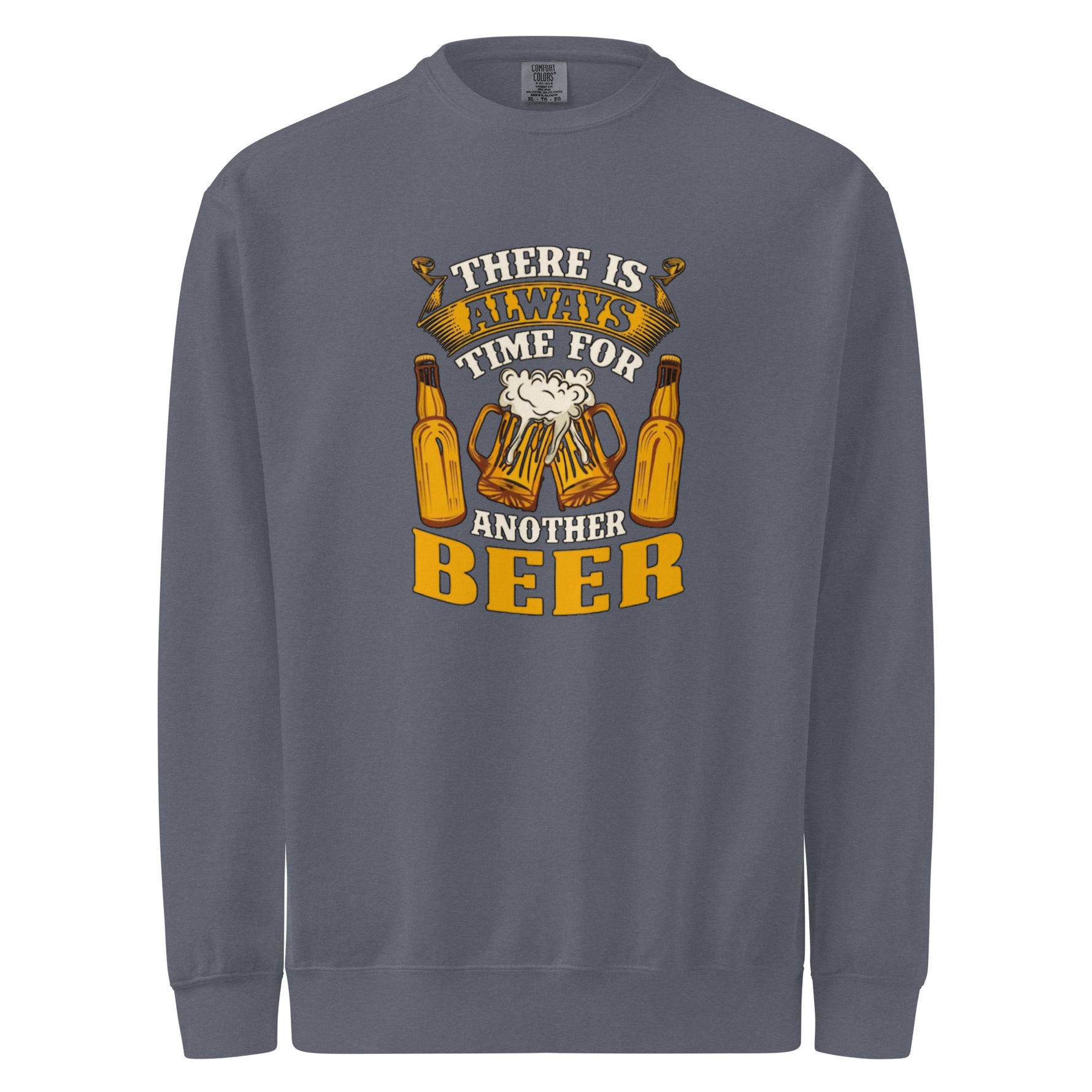 Gray sweatshirt with beer-themed graphic and text on a white background