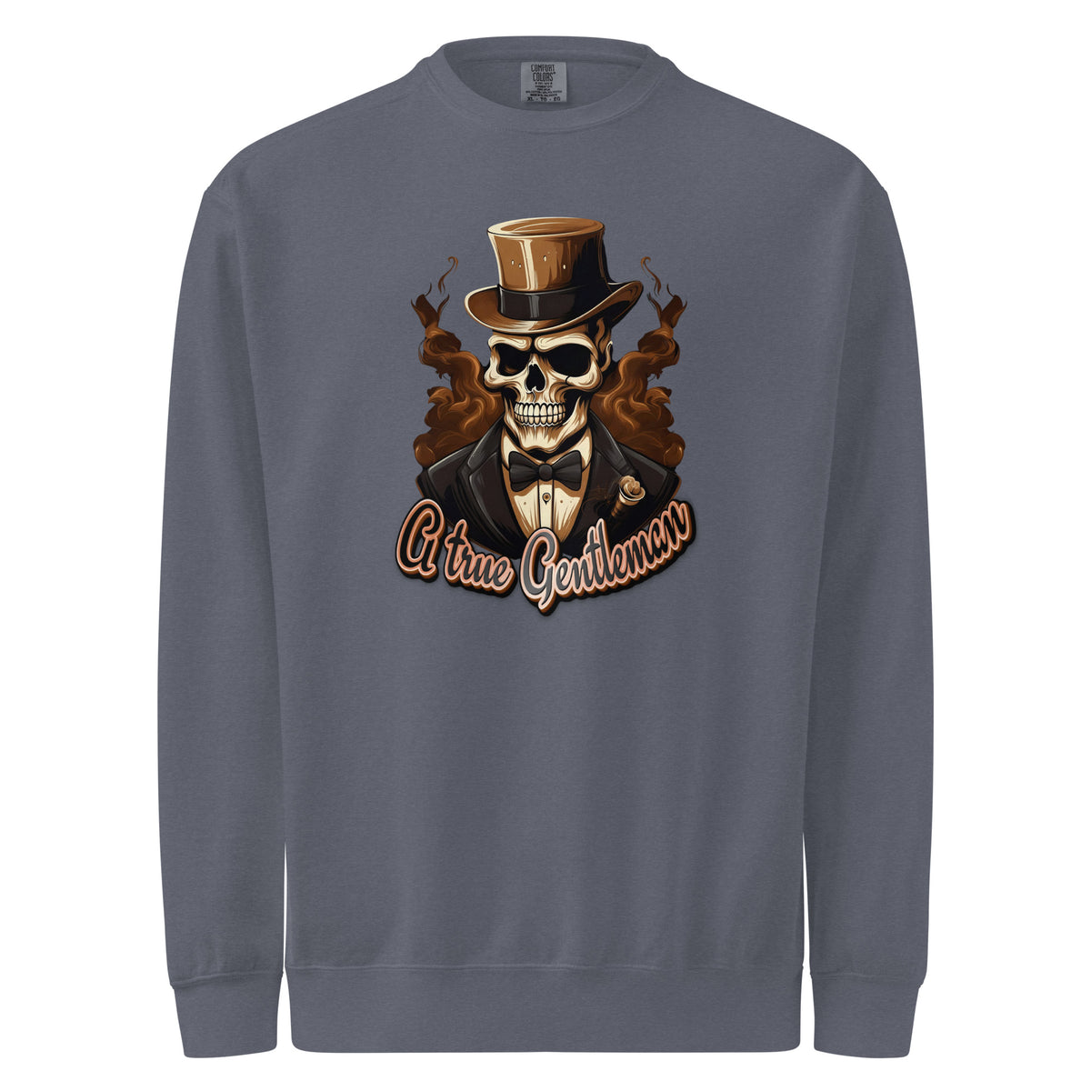 Gray mens sweatshirt with a skull wearing a top hat and bow tie graphic and 'A true Gentleman' text.