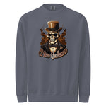 Gray mens sweatshirt with a skull wearing a top hat and bow tie graphic and 'A true Gentleman' text.