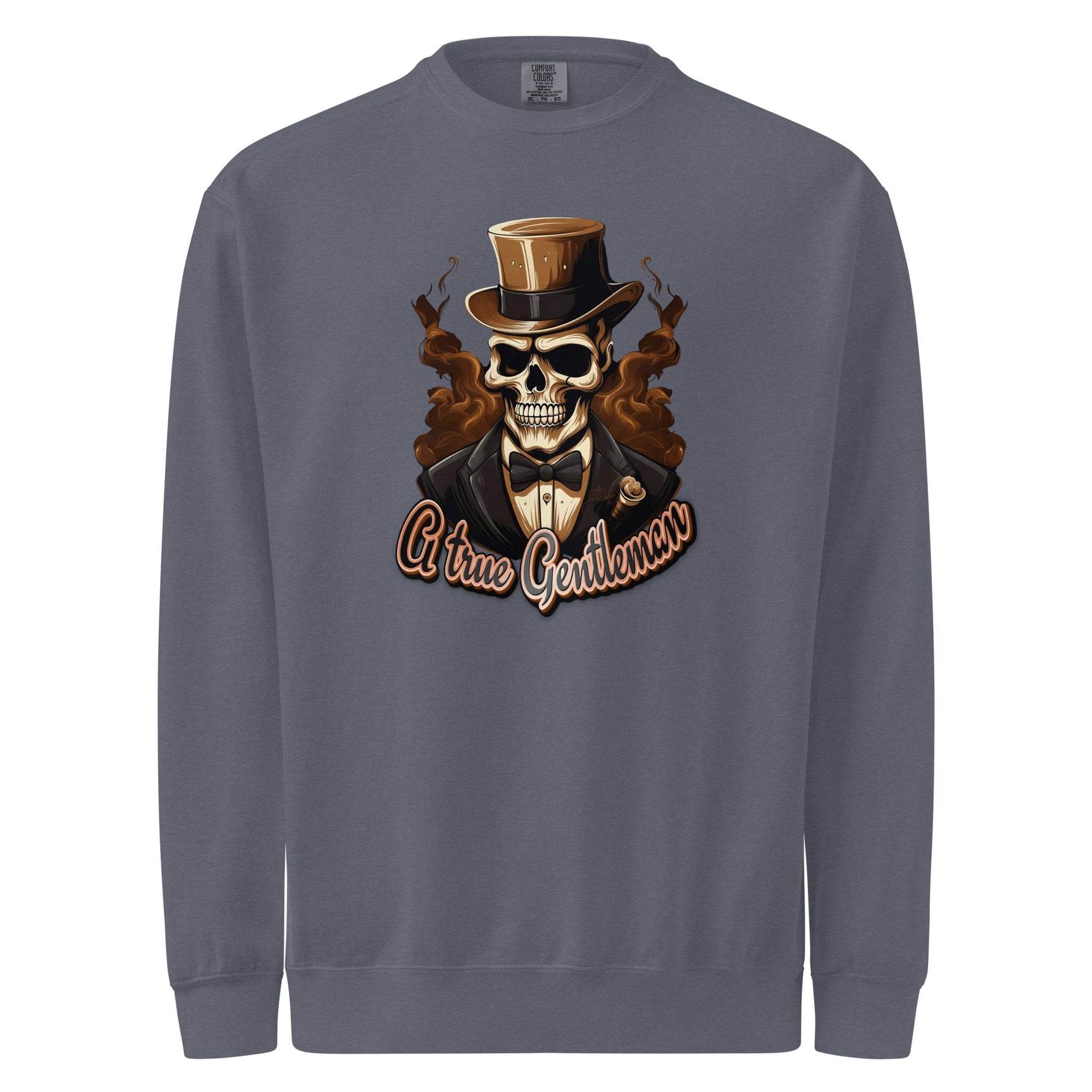 Gray mens sweatshirt with a skull wearing a top hat and bow tie graphic and 'A true Gentleman' text.