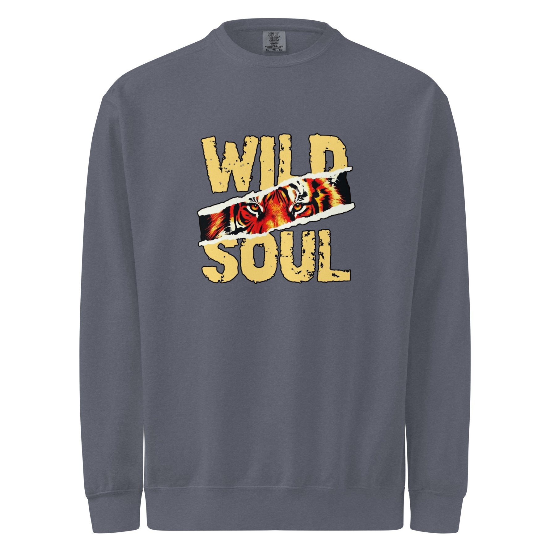 Gray sweatshirt with 'Wild Soul' design featuring a tiger on a white background