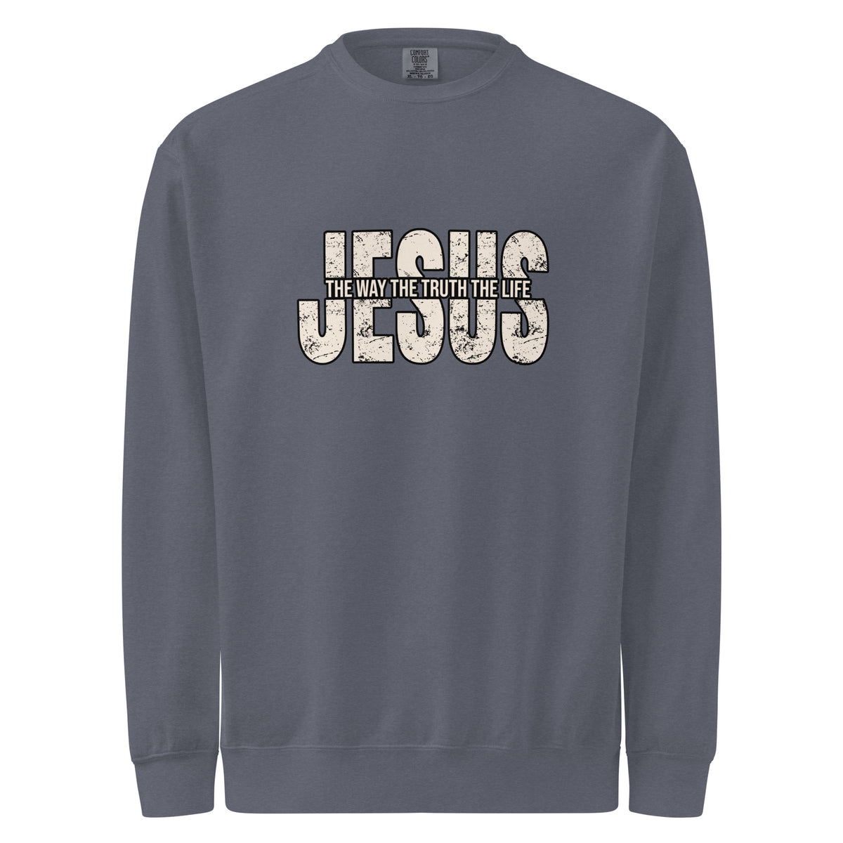 Comfort Colors Gray sweatshirt with 'Jesus The Way, The Truth, The Life' text on a white background