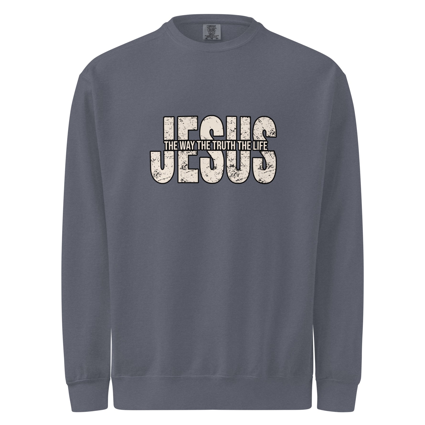 Comfort Colors Gray sweatshirt with 'Jesus The Way, The Truth, The Life' text on a white background