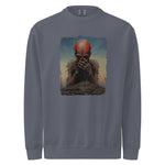 Gray sweatshirt with a graphic design of a person with red hair and a beard on a white background