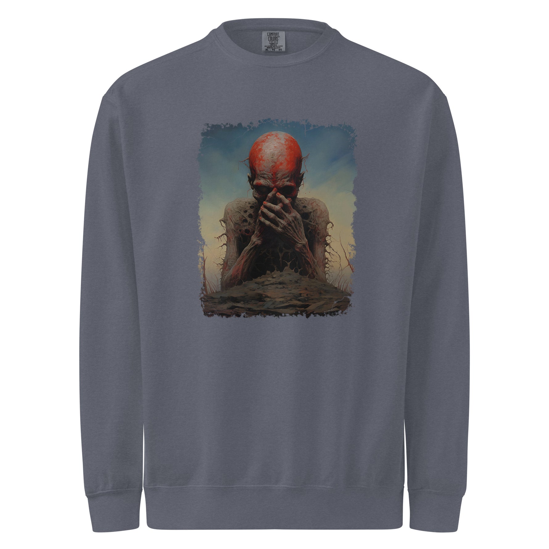 Gray sweatshirt with a graphic design of a person with red hair and a beard on a white background