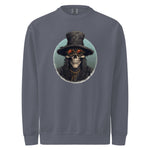 Gray mens sweatshirt with a skull wearing a top hat and goggles graphic on a white background
