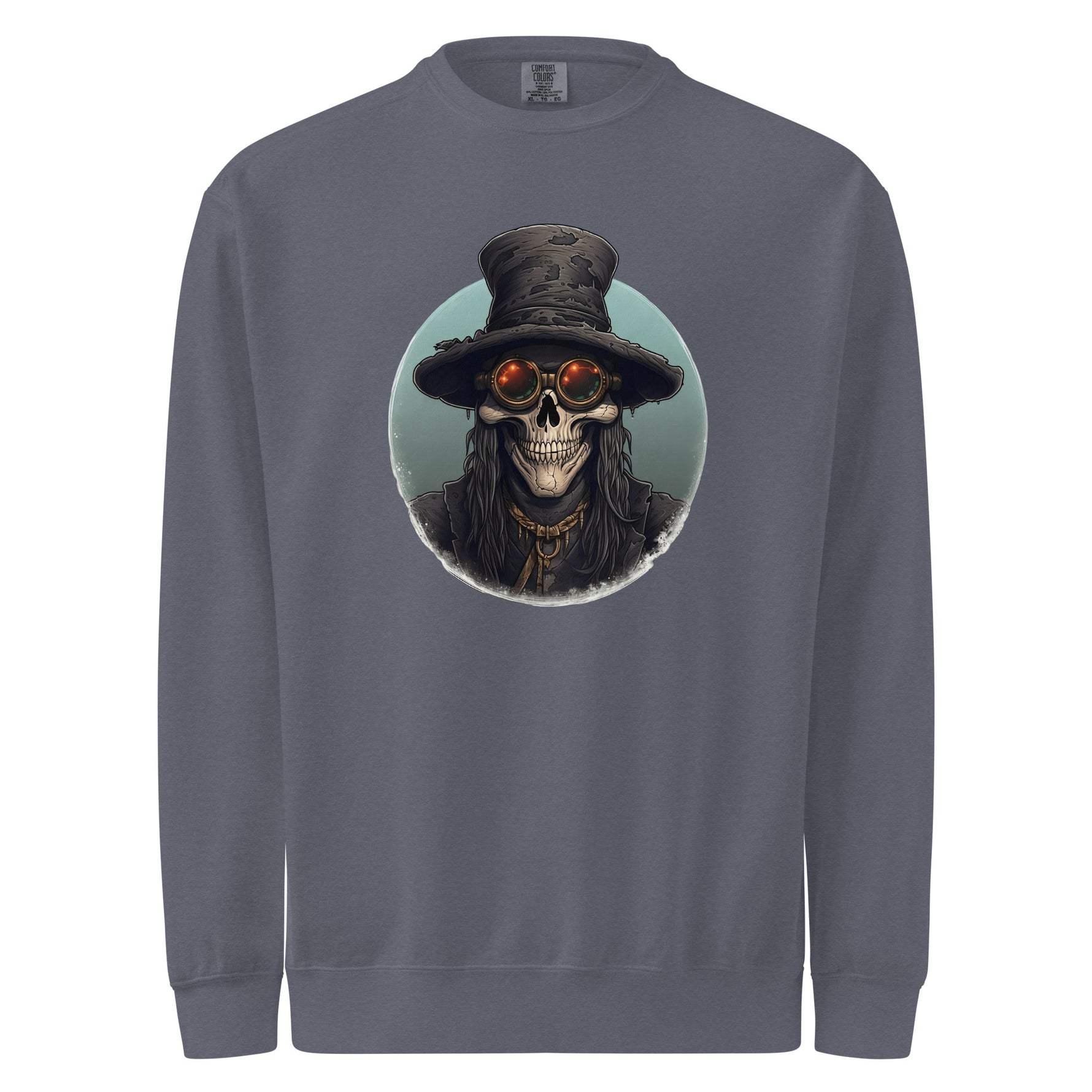 Gray mens sweatshirt with a skull wearing a top hat and goggles graphic on a white background