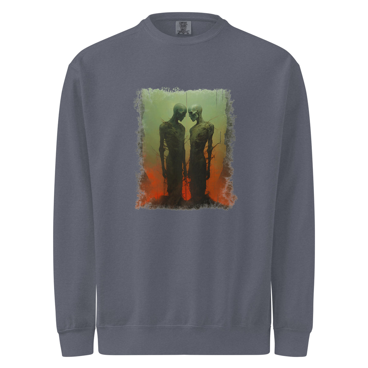 Gray sweatshirt with a graphic of two figures on a white background