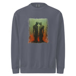 Gray sweatshirt with a graphic of two figures on a white background