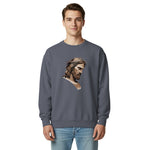 Person wearing a gray sweatshirt with a graphic of a bearded man on a white background