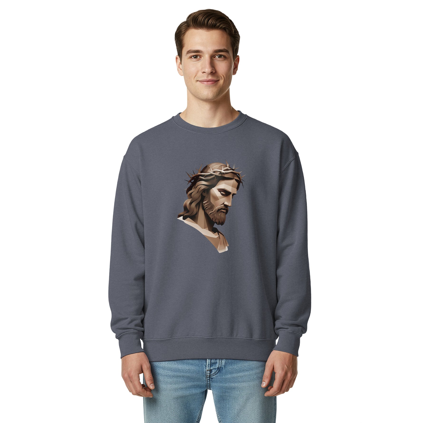 Person wearing a gray sweatshirt with a graphic of a bearded man on a white background