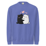 Comfort Colors 1566 Blue sweatshirt with cartoon black and white cats hugging and hearts on a white background