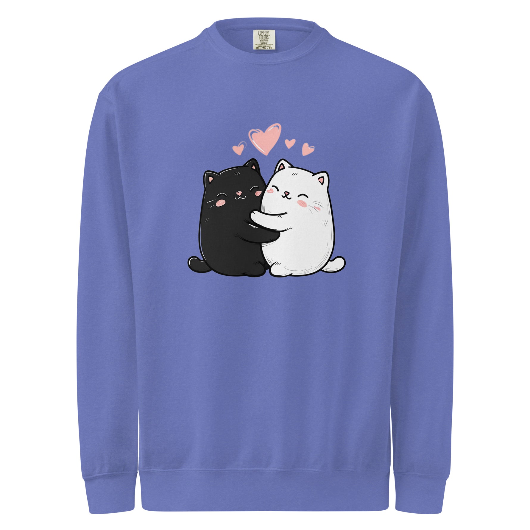 Comfort Colors 1566 Blue sweatshirt with cartoon black and white cats hugging and hearts on a white background