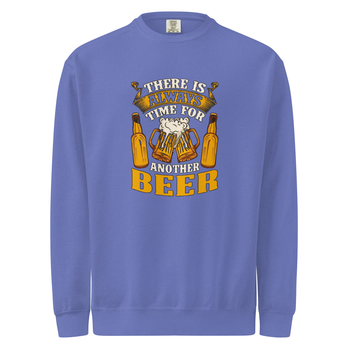 Blue sweatshirt with beer-themed graphic and text on a white background