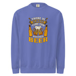 Blue sweatshirt with beer-themed graphic and text on a white background