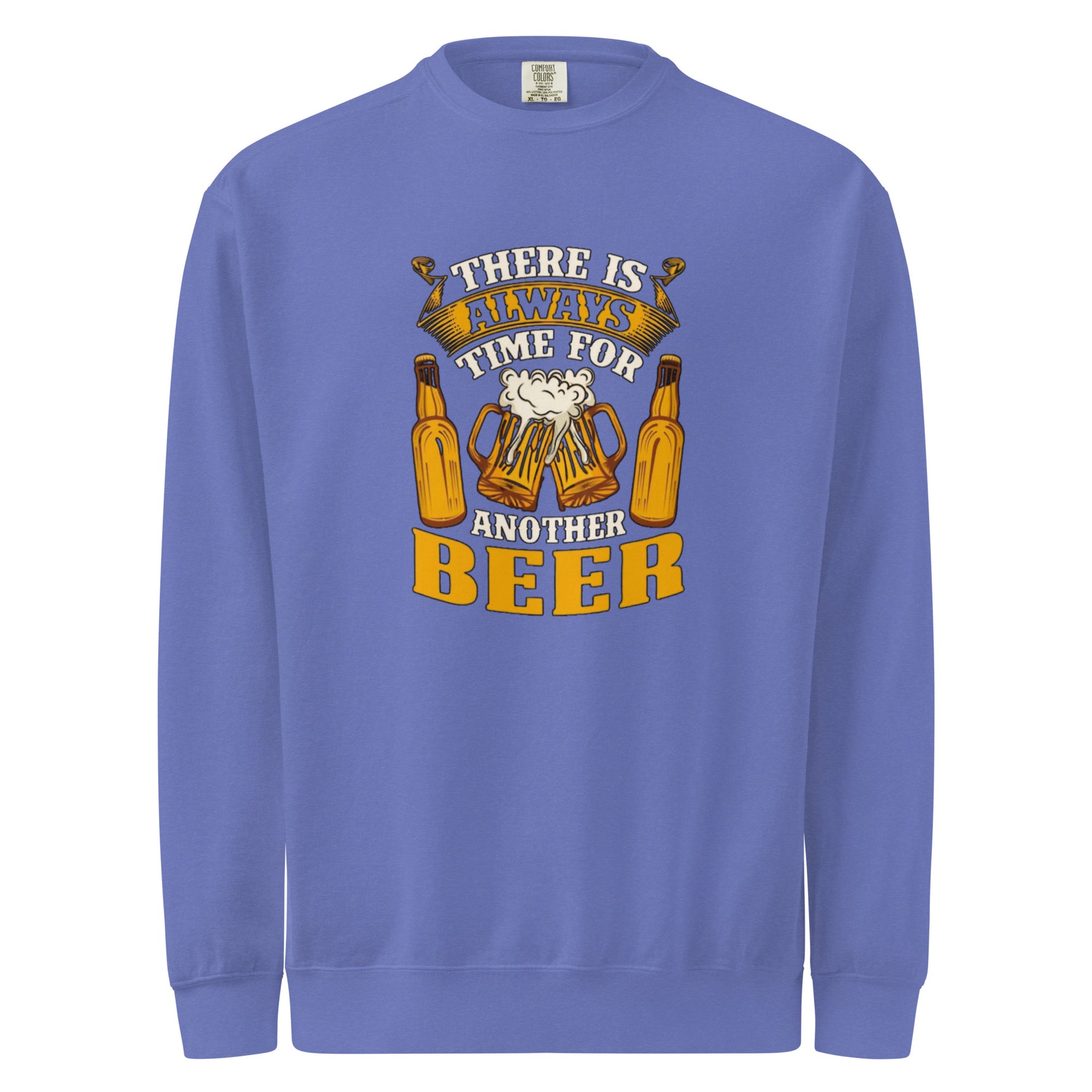 Blue sweatshirt with beer-themed graphic and text on a white background