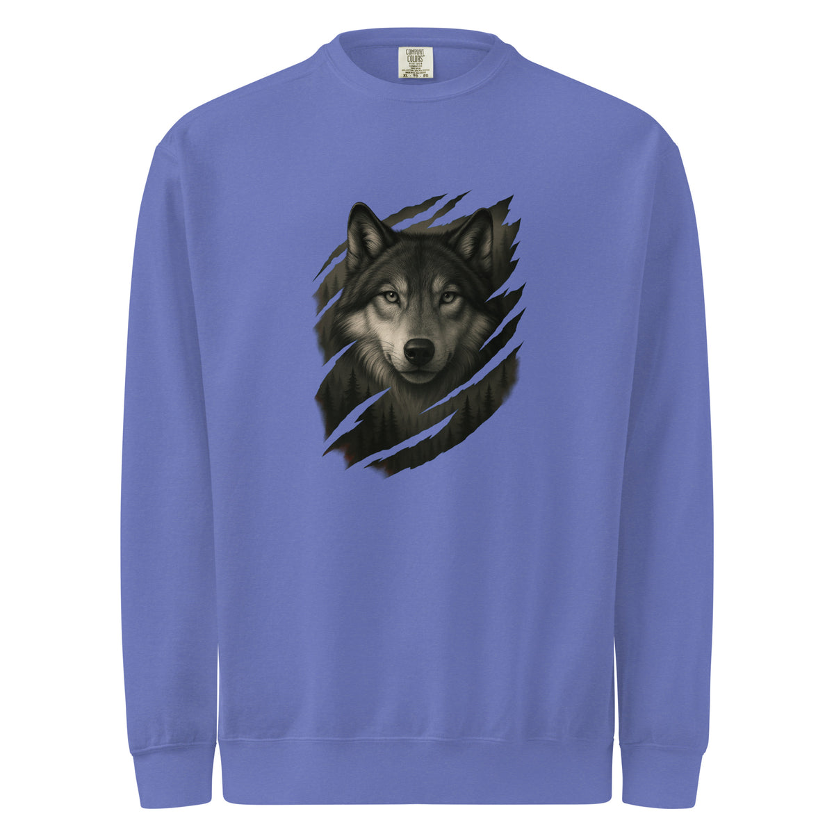 Blue mens sweatshirt with a wolf graphic on a white background