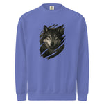 Blue mens sweatshirt with a wolf graphic on a white background