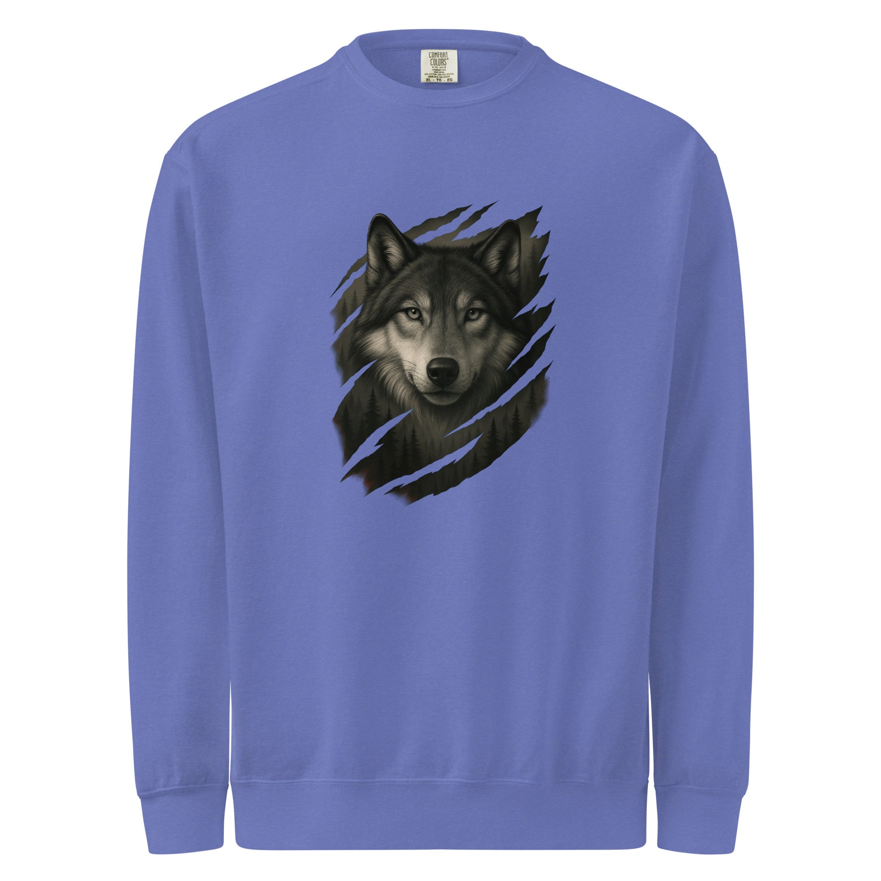 Blue mens sweatshirt with a wolf graphic on a white background