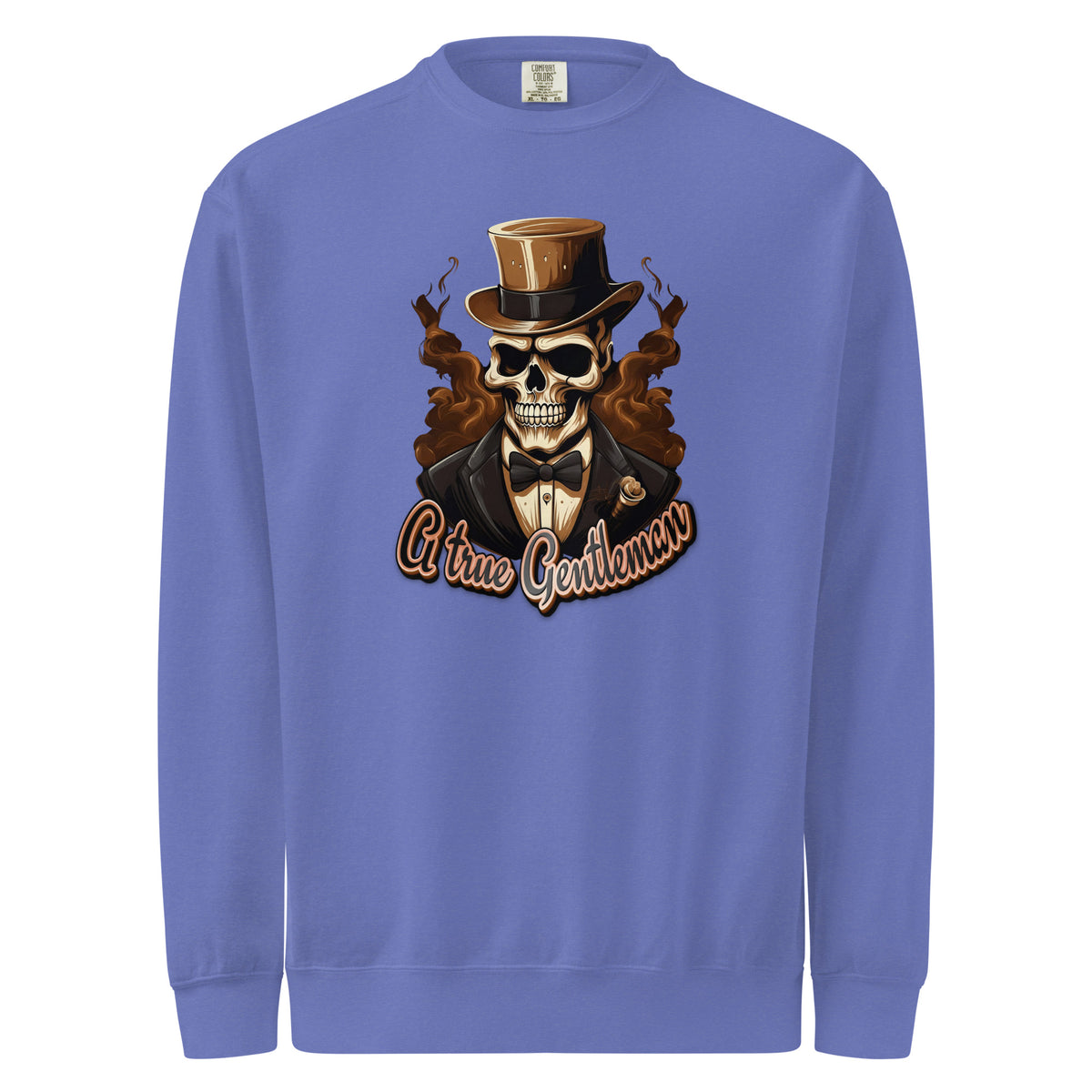 Blue mens sweatshirt with a skull wearing a top hat and suit and text 'A true gentleman' on a white background