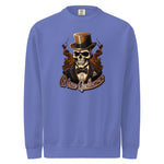 Blue mens sweatshirt with a skull wearing a top hat and suit and text 'A true gentleman' on a white background