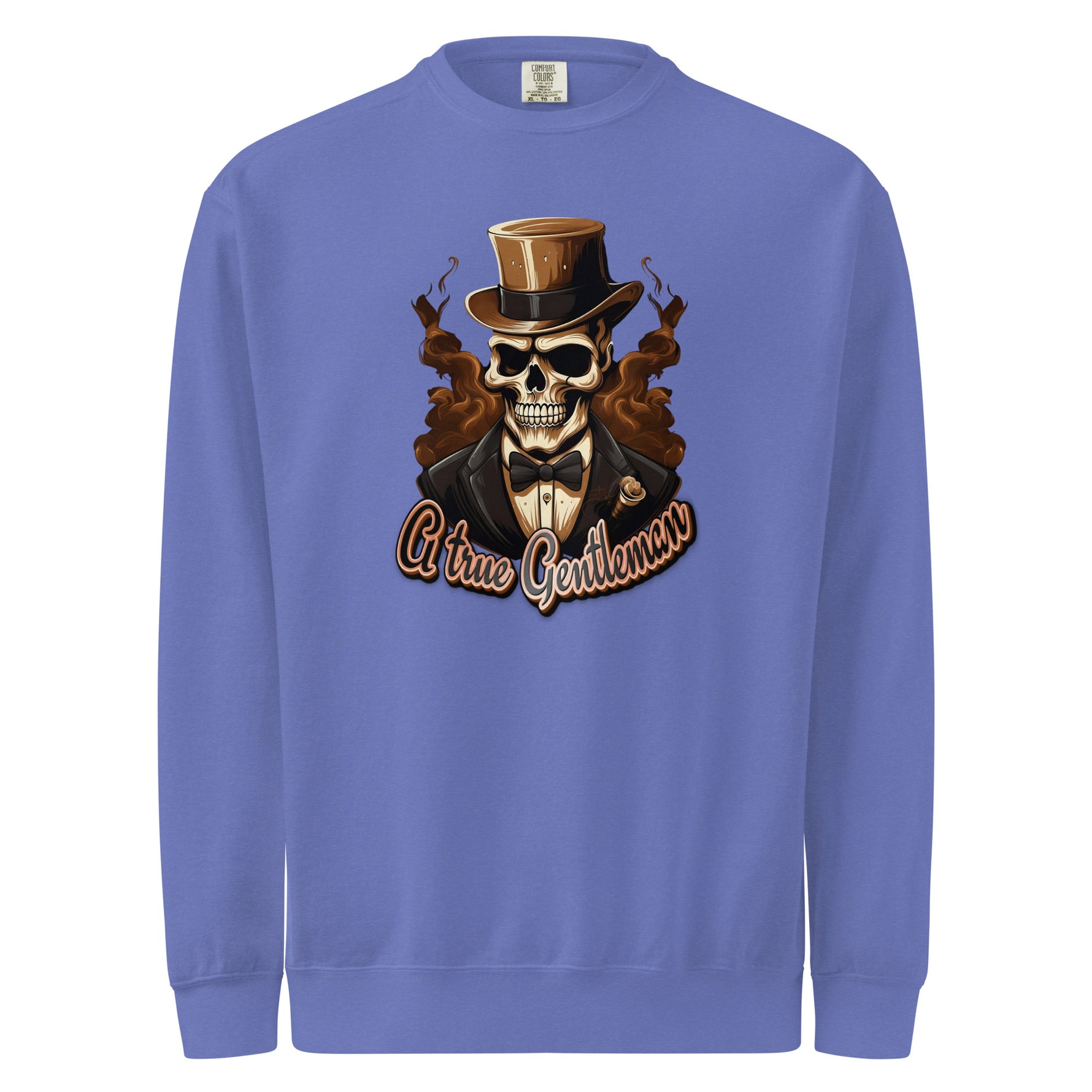 Blue mens sweatshirt with a skull wearing a top hat and suit and text 'A true gentleman' on a white background