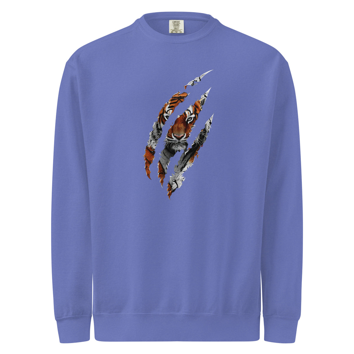 Blue mens sweatshirt with a graphic of a tiger and feathers on a white background