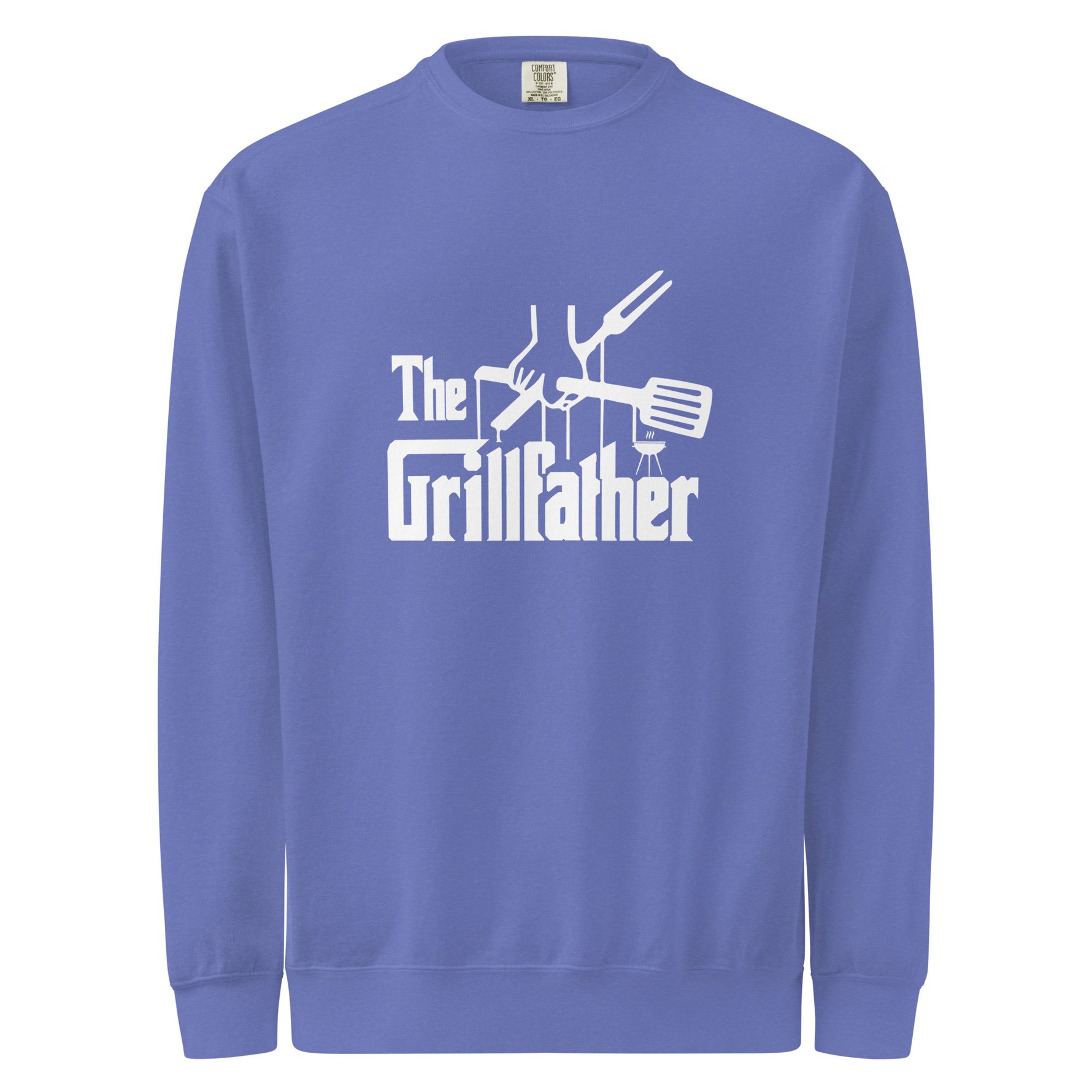 Blue sweatshirt with 'The Grillfather' graphic design on a white background