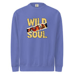 Mens blue sweatshirt with 'Wild Soul' design featuring a tiger face on a white background