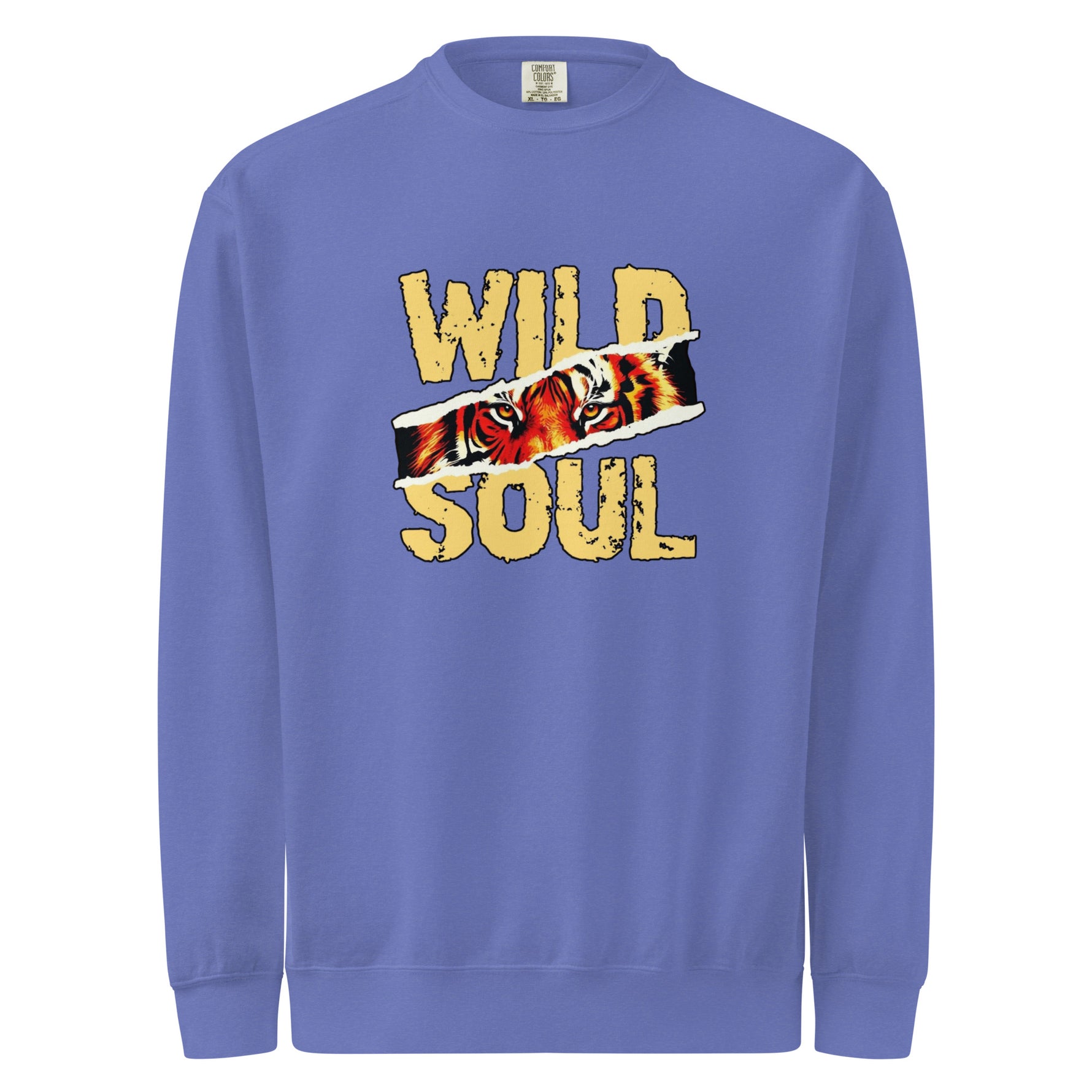 Mens blue sweatshirt with 'Wild Soul' design featuring a tiger face on a white background