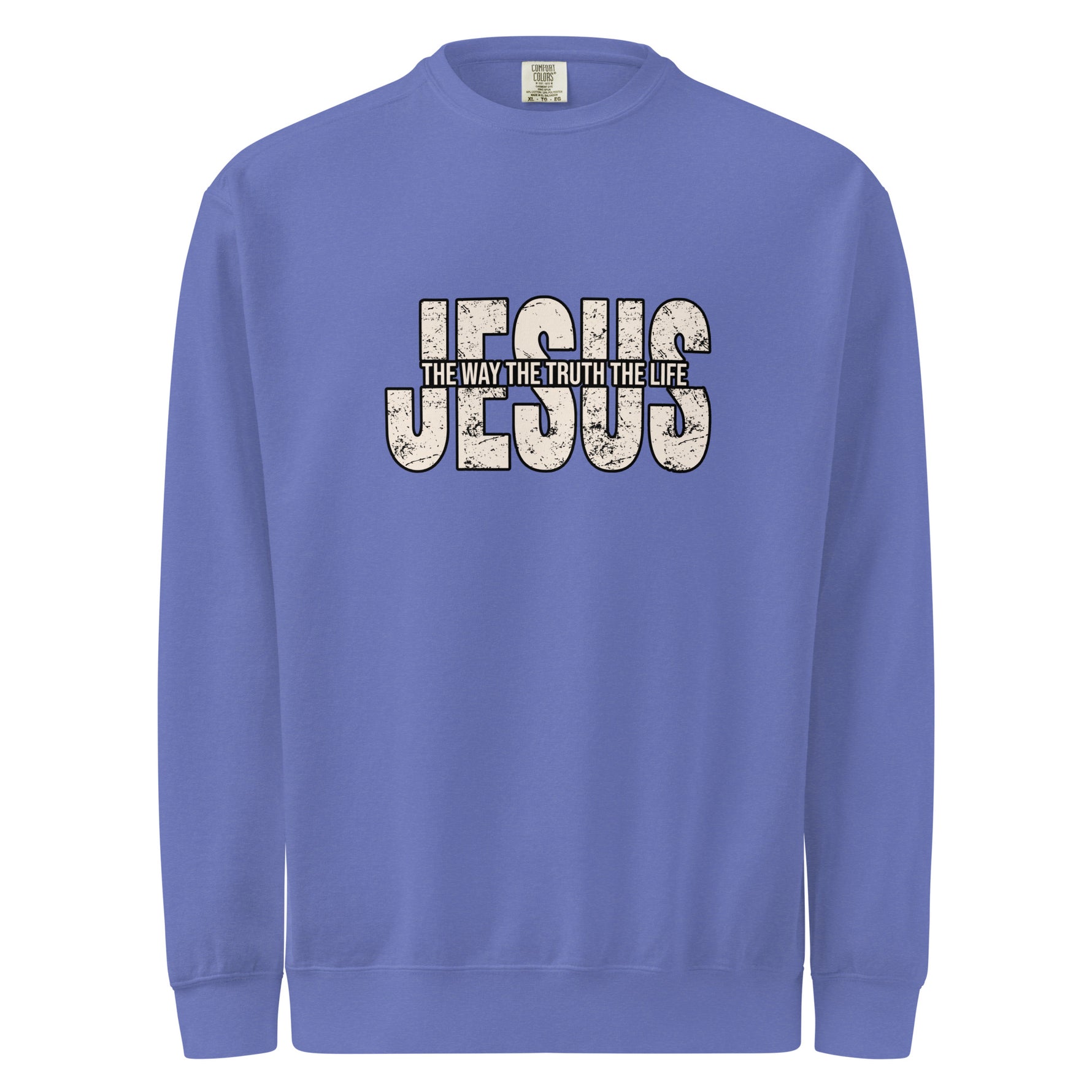 Comfort Colors Blue sweatshirt with 'Jesus The Way The Truth The Life' text on a white background