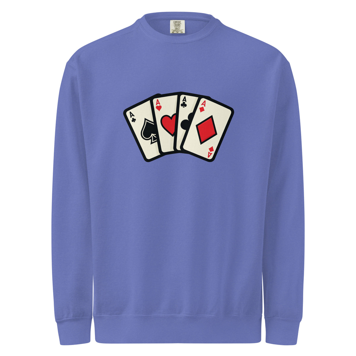 Comfort Colors 1566 Blue sweatshirt with playing card design on a white background