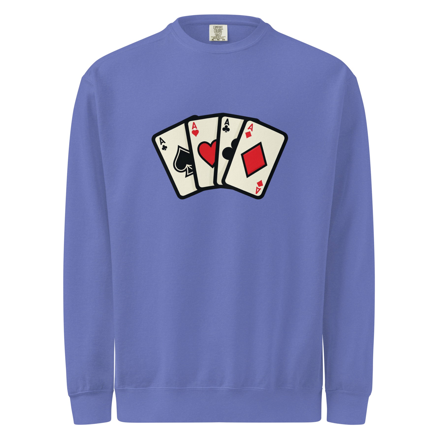 Comfort Colors 1566 Blue sweatshirt with playing card design on a white background