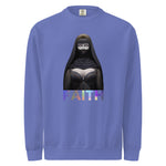 Comfort Colors Blue sweatshirt with a graphic of a person in a black outfit and 'FAITH' text on a white background