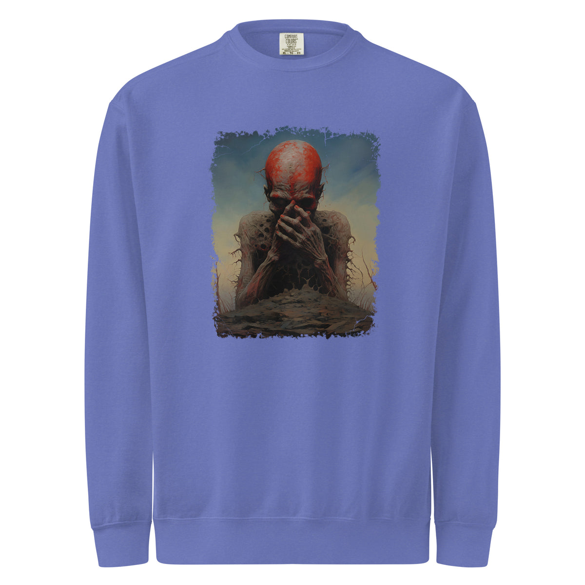 Blue sweatshirt with a graphic of a person with red hair and a beard on a white background