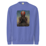Blue sweatshirt with a graphic of a person with red hair and a beard on a white background