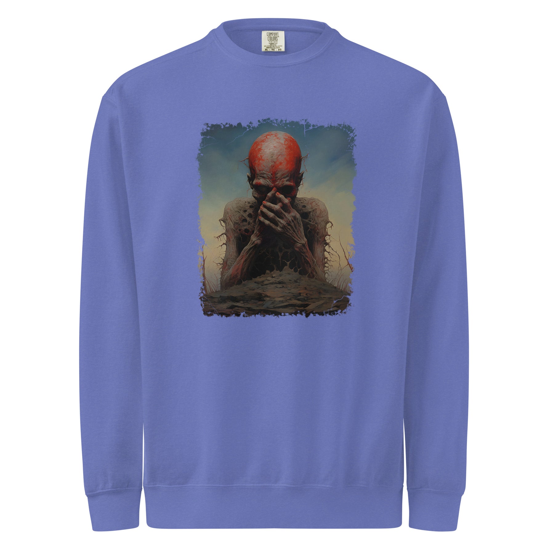 Blue sweatshirt with a graphic of a person with red hair and a beard on a white background