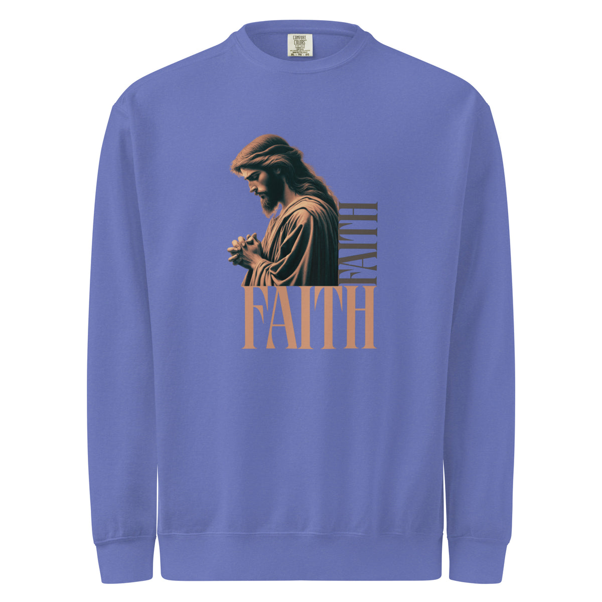 Comfort Colors blue sweatshirt with a graphic of a praying person and the word 'FAITH' on a white background