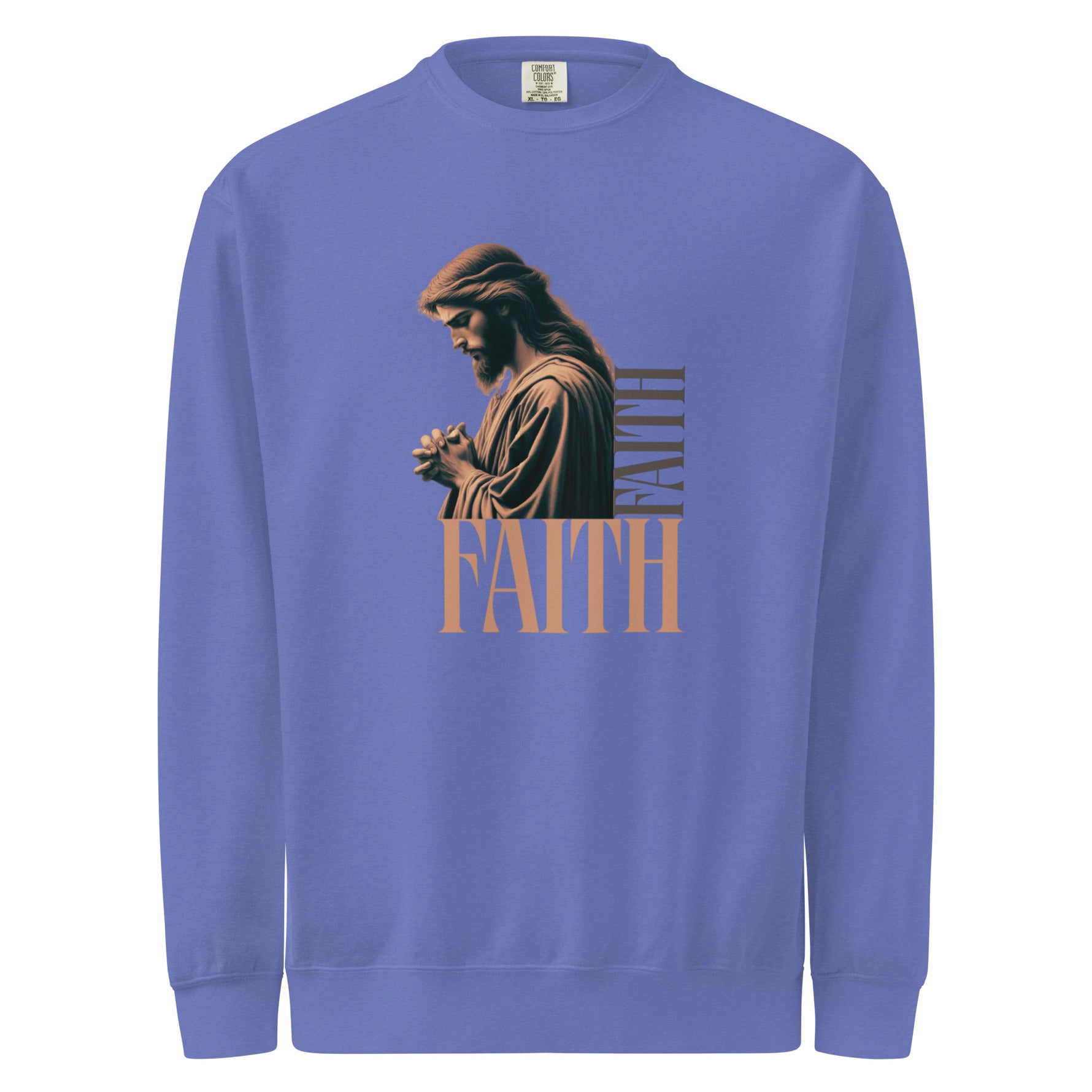 Comfort Colors blue sweatshirt with a graphic of a praying person and the word 'FAITH' on a white background