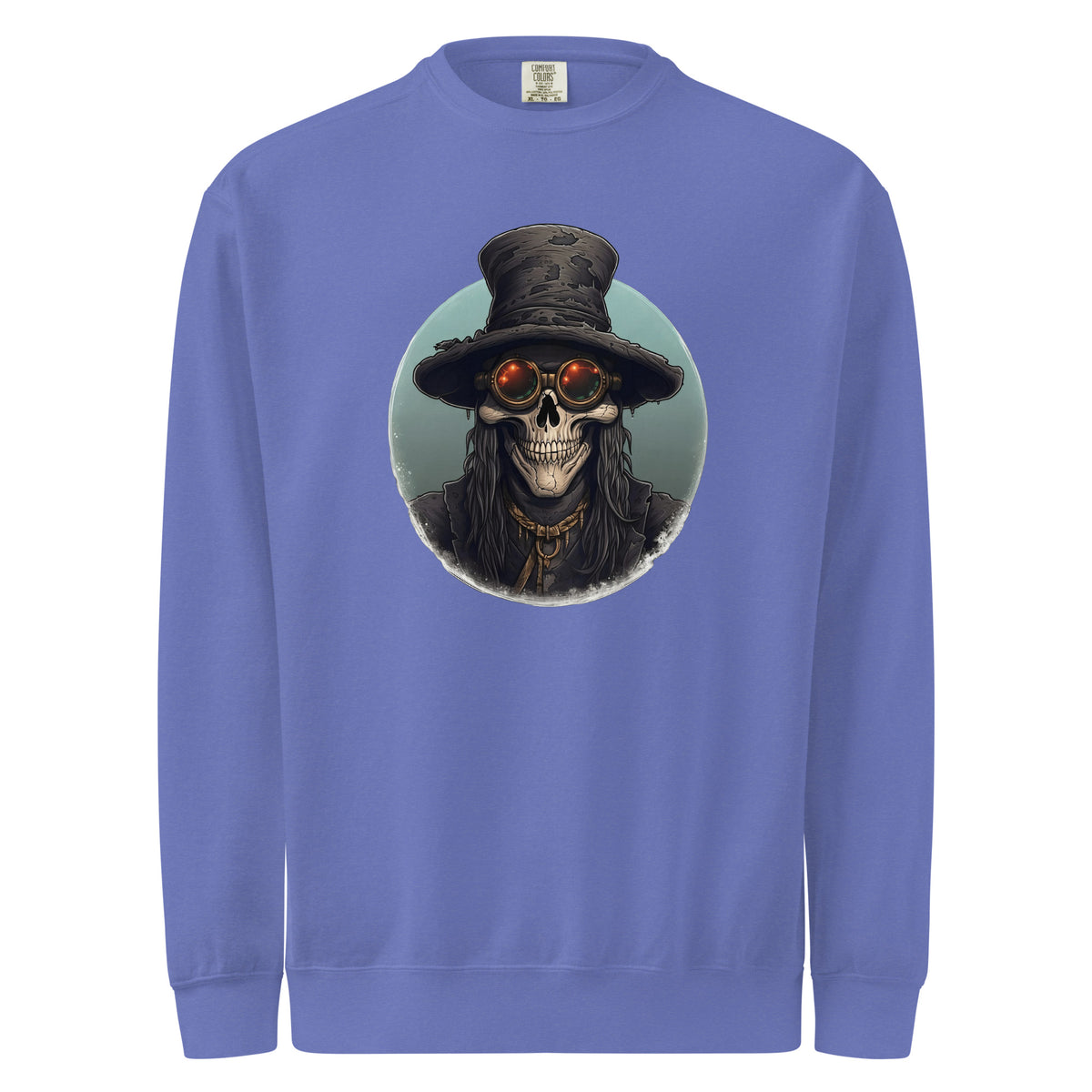 Blue mens sweatshirt with a skull wearing a top hat and goggles graphic on a white background
