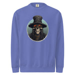 Blue mens sweatshirt with a skull wearing a top hat and goggles graphic on a white background