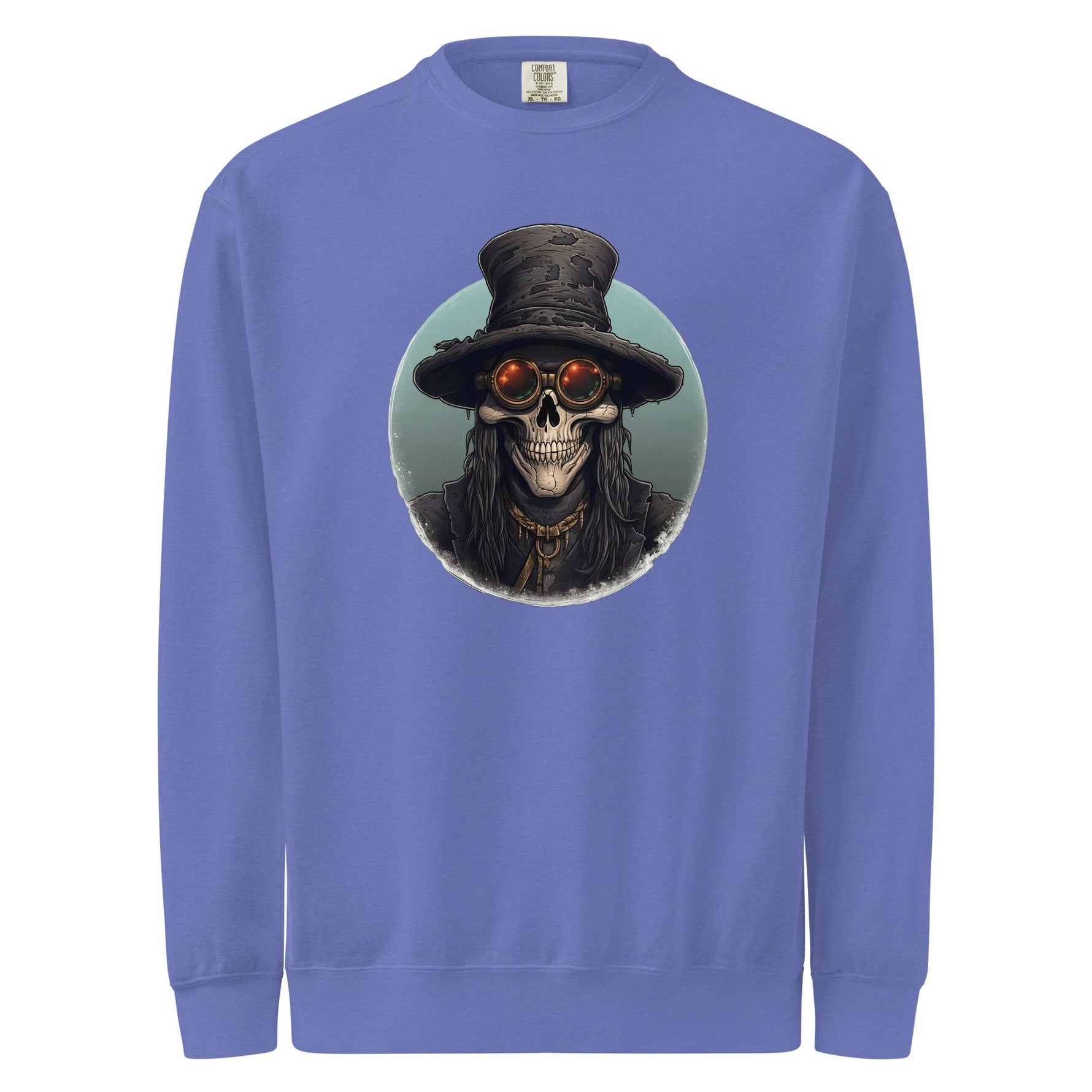 Blue mens sweatshirt with a skull wearing a top hat and goggles graphic on a white background
