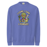 Blue sweatshirt with an alien graphic and text on a white background