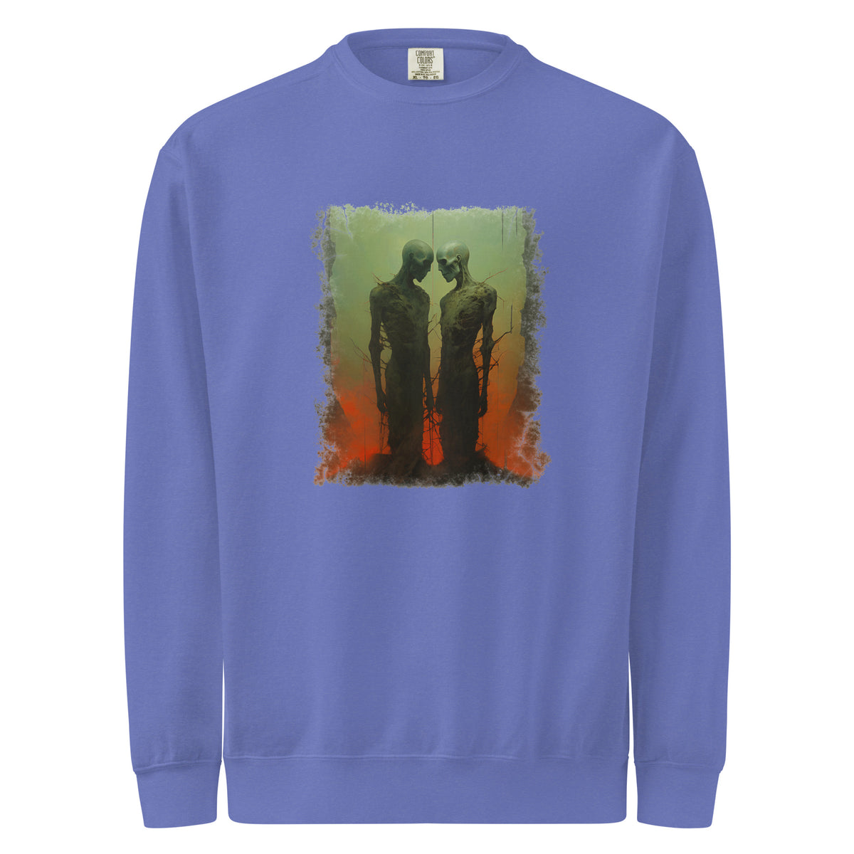 Blue sweatshirt with a graphic design of two silhouetted figures on a white background